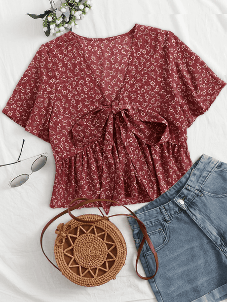 Liber Summer Women's Pastoral Print Tie-Strap V-Neck Flying Sleeve Loose Shirt