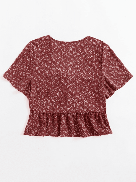 Liber Summer Women's Pastoral Print Tie-Strap V-Neck Flying Sleeve Loose Shirt