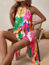 Liber summer women's pastoral print high collar sleeveless loose two-piece suit