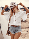 Liber Summer Women's Bohemian Embroidery Hollow V-Neck Lotus Sleeve Loose Shirt