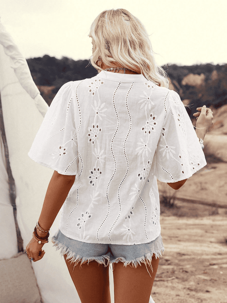 Liber Summer Women's Bohemian Embroidery Hollow V-Neck Lotus Sleeve Loose Shirt