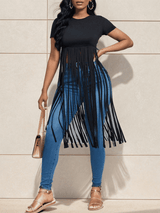 Liber Summer Women's Bohemian Tassel Solid Color Round Neck Short Sleeve Slim Fit T-Shirt