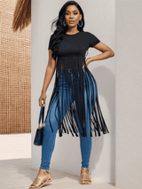 Liber Summer Women's Bohemian Tassel Solid Color Round Neck Short Sleeve Slim Fit T-Shirt