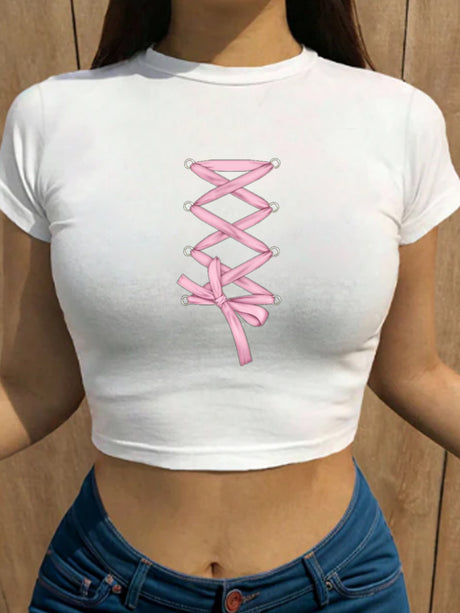 Liber Summer Women's Y2K Hot Girl Print Round Neck Short Sleeve T-Shirt
