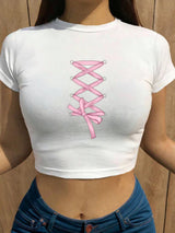 Liber Summer Women's Y2K Hot Girl Print Round Neck Short Sleeve T-Shirt