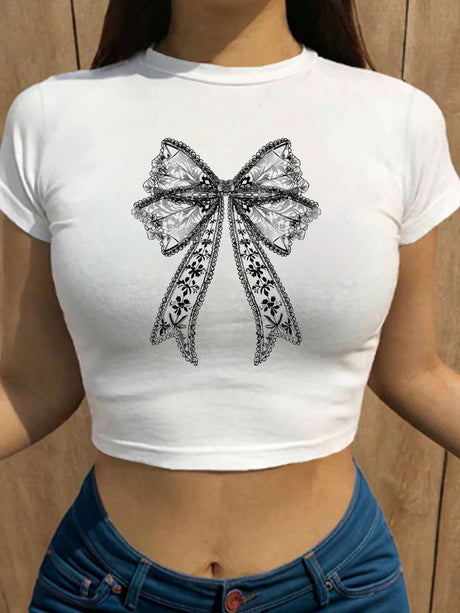 Liber Summer Women's Y2K Hot Girl Print Round Neck Short Sleeve T-Shirt