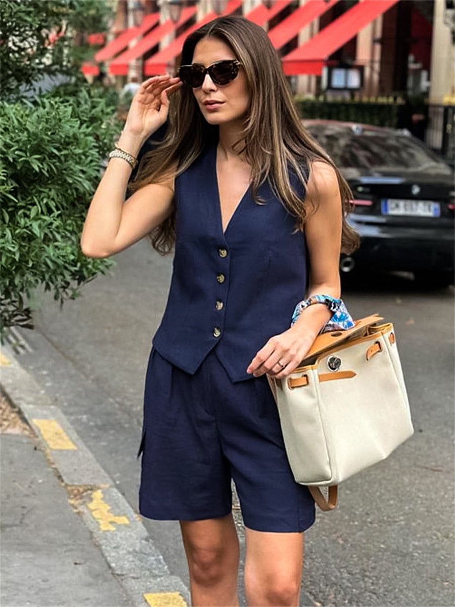 Liber summer women's clothing daily leisure solid color V-neck sleeveless slim fit two-piece suit