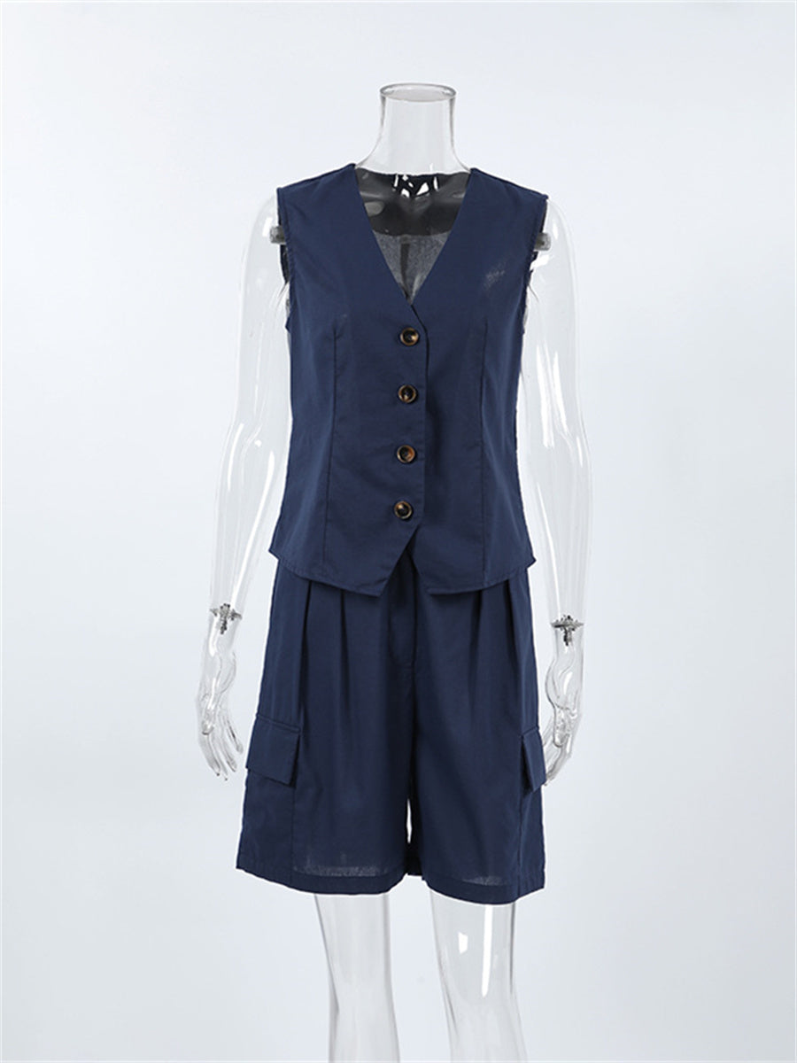 Liber summer women's clothing daily leisure solid color V-neck sleeveless slim fit two-piece suit