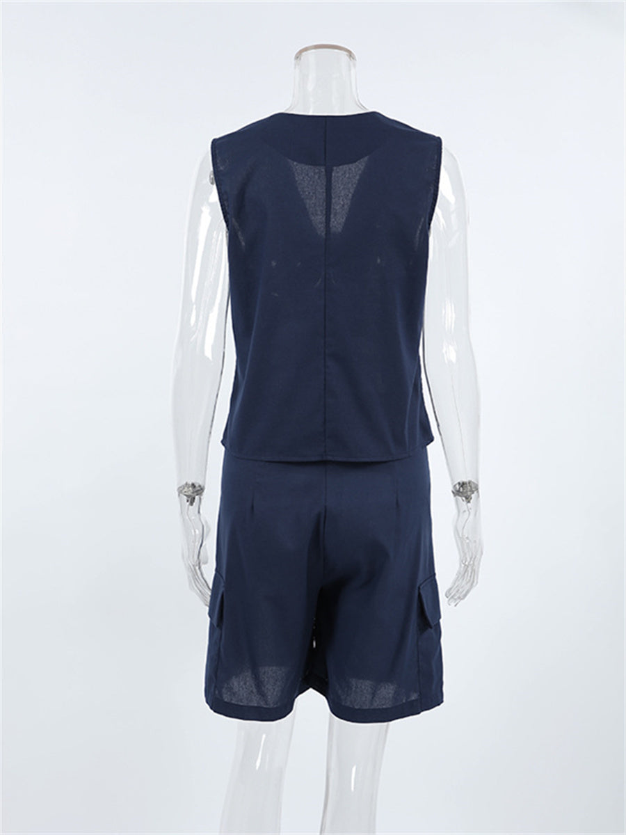 Liber summer women's clothing daily leisure solid color V-neck sleeveless slim fit two-piece suit