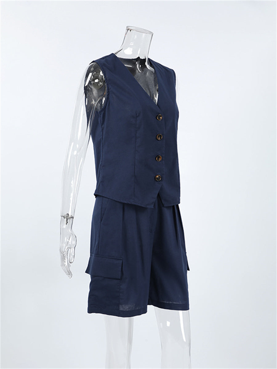 Liber summer women's clothing daily leisure solid color V-neck sleeveless slim fit two-piece suit