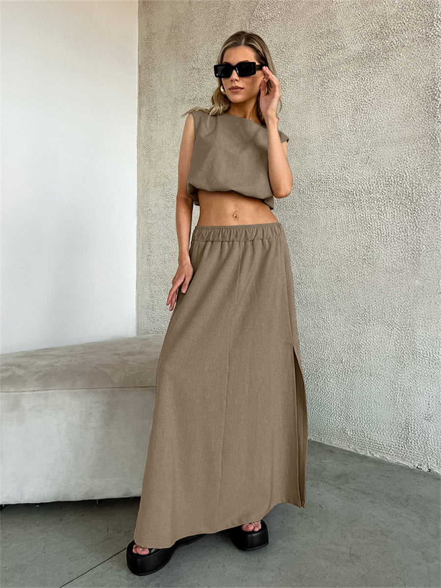 Liber summer women's clothing daily casual solid color round neck sleeveless two-piece suit