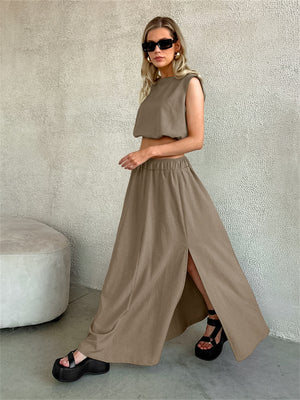 Liber summer women's clothing daily casual solid color round neck sleeveless two-piece suit