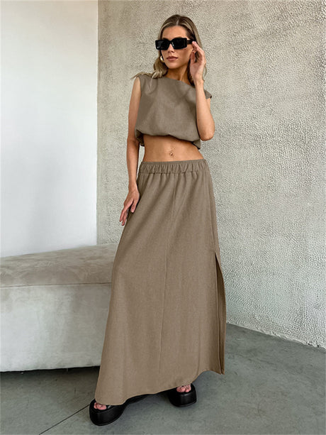 Liber summer women's clothing daily casual solid color round neck sleeveless two-piece suit