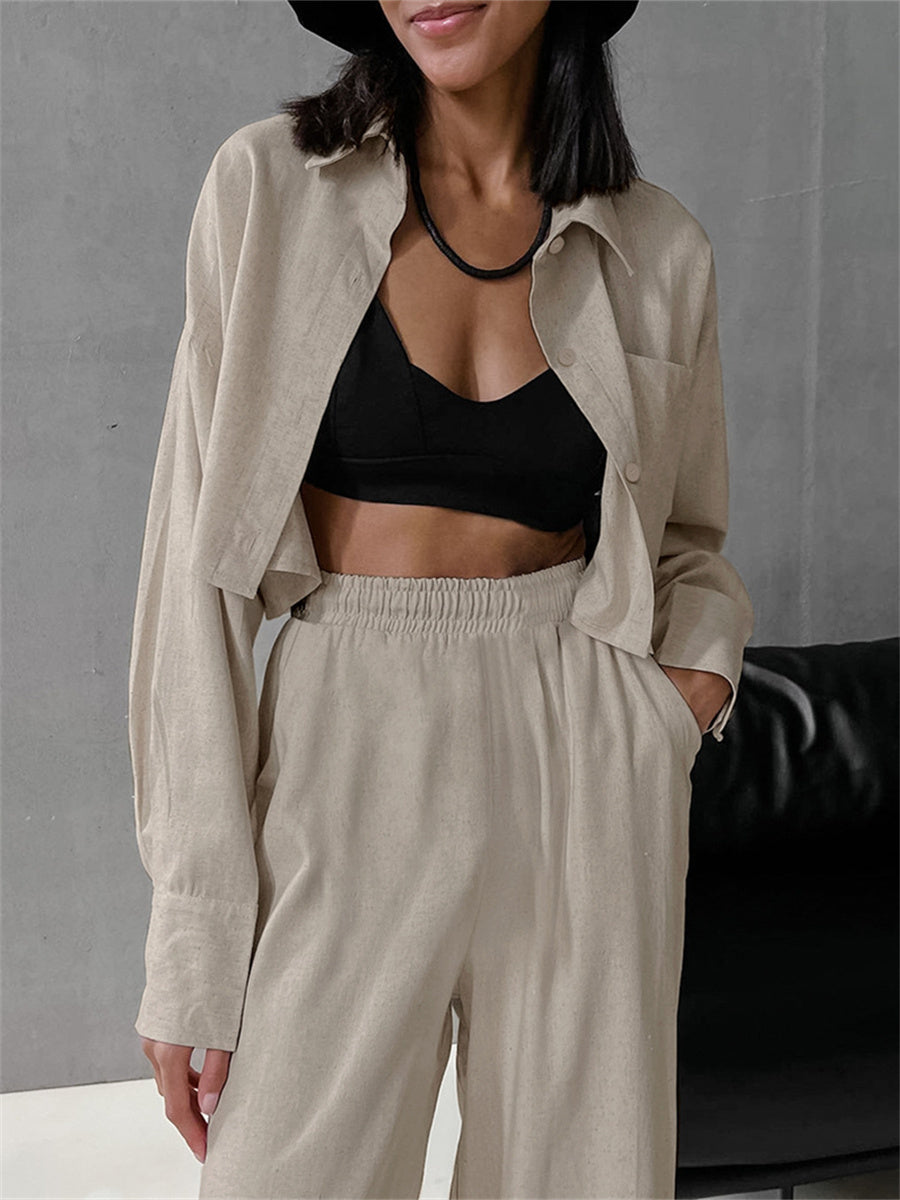 Liber summer women's clothing daily casual solid color turn-up collar long sleeve loose two-piece suit