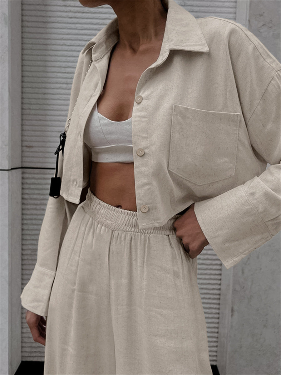 Liber summer women's clothing daily casual solid color turn-up collar long sleeve loose two-piece suit