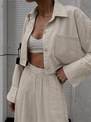 Liber summer women's clothing daily casual solid color turn-up collar long sleeve loose two-piece suit