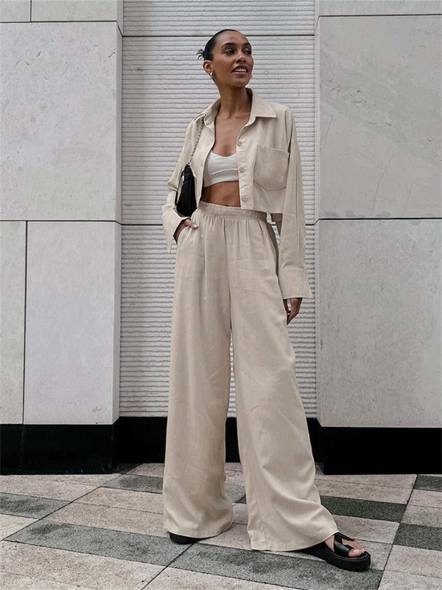 Liber summer women's clothing daily casual solid color turn-up collar long sleeve loose two-piece suit