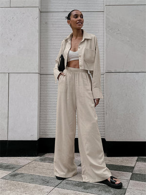 Liber summer women's clothing daily casual solid color turn-up collar long sleeve loose two-piece suit
