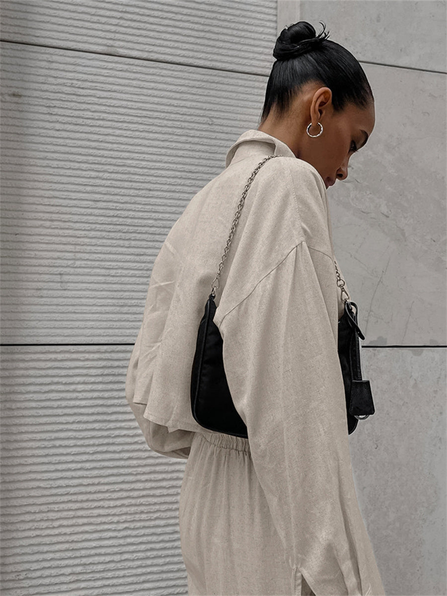 Liber summer women's clothing daily casual solid color turn-up collar long sleeve loose two-piece suit