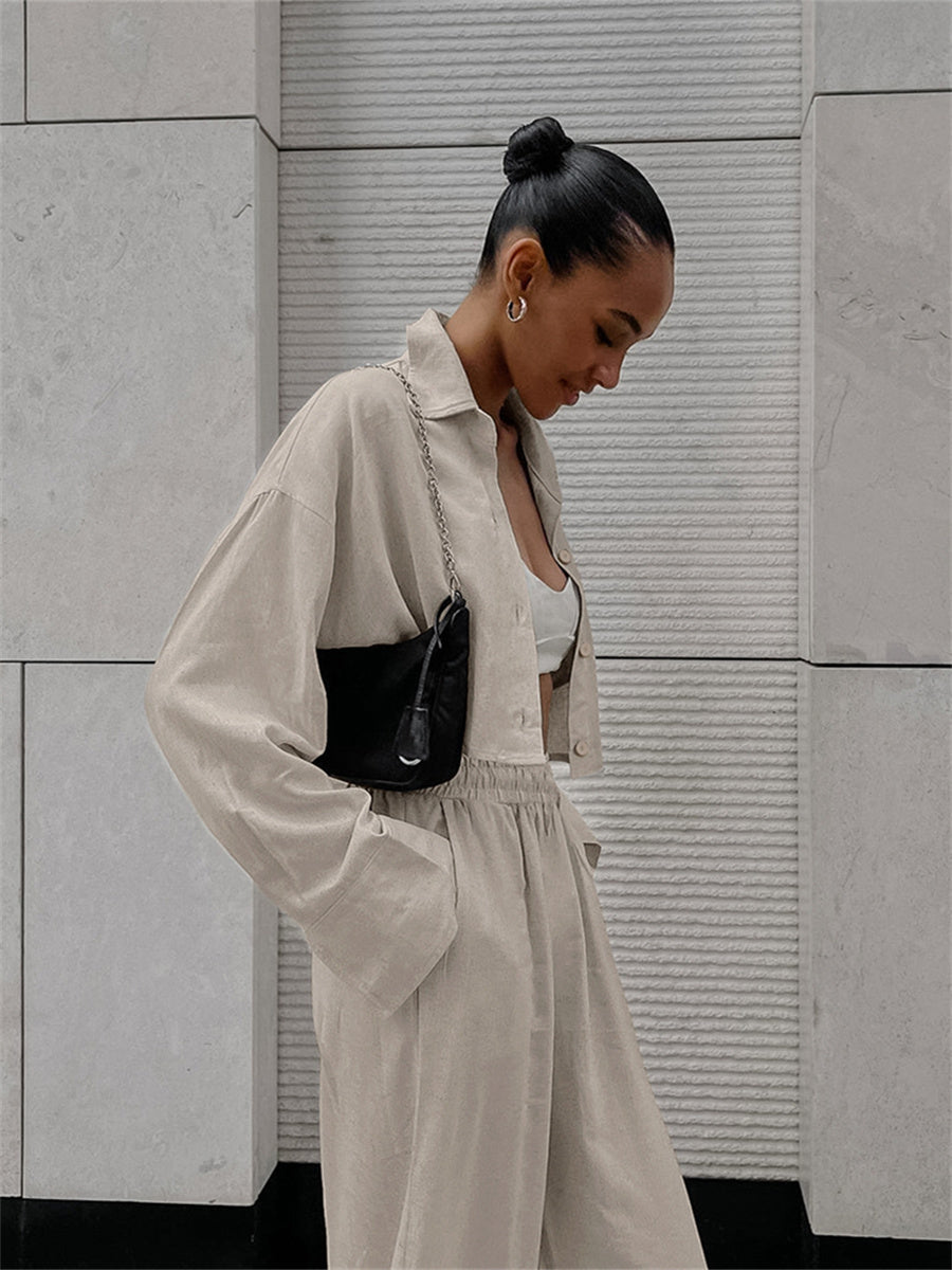 Liber summer women's clothing daily casual solid color turn-up collar long sleeve loose two-piece suit