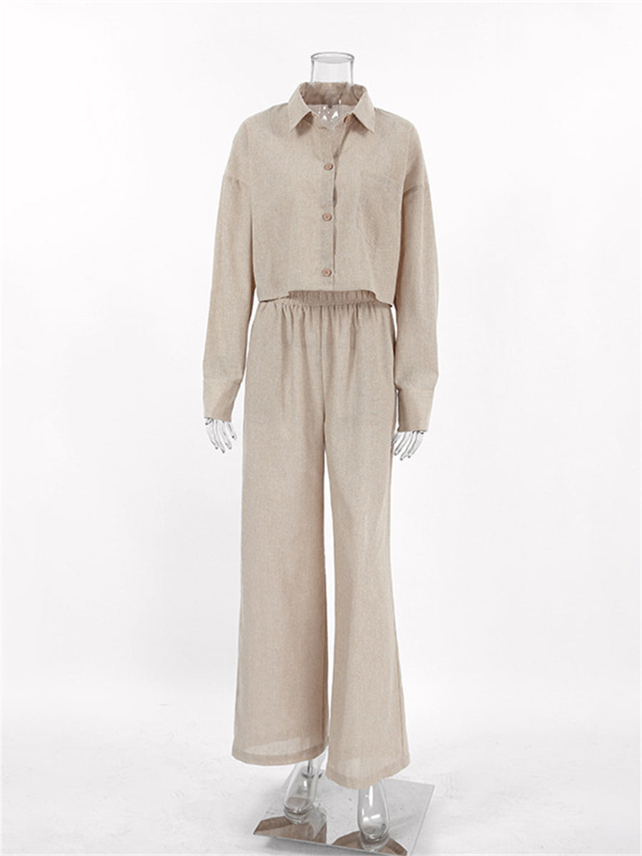 Liber summer women's clothing daily casual solid color turn-up collar long sleeve loose two-piece suit