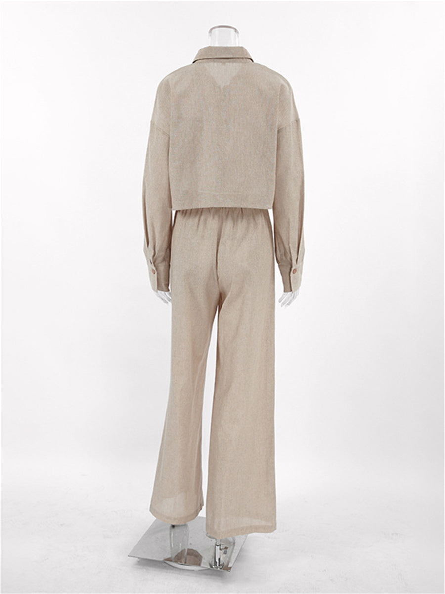 Liber summer women's clothing daily casual solid color turn-up collar long sleeve loose two-piece suit