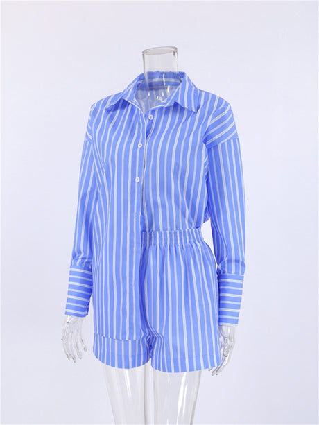 Liber summer women's daily casual striped cuff collar long sleeve loose two-piece suit