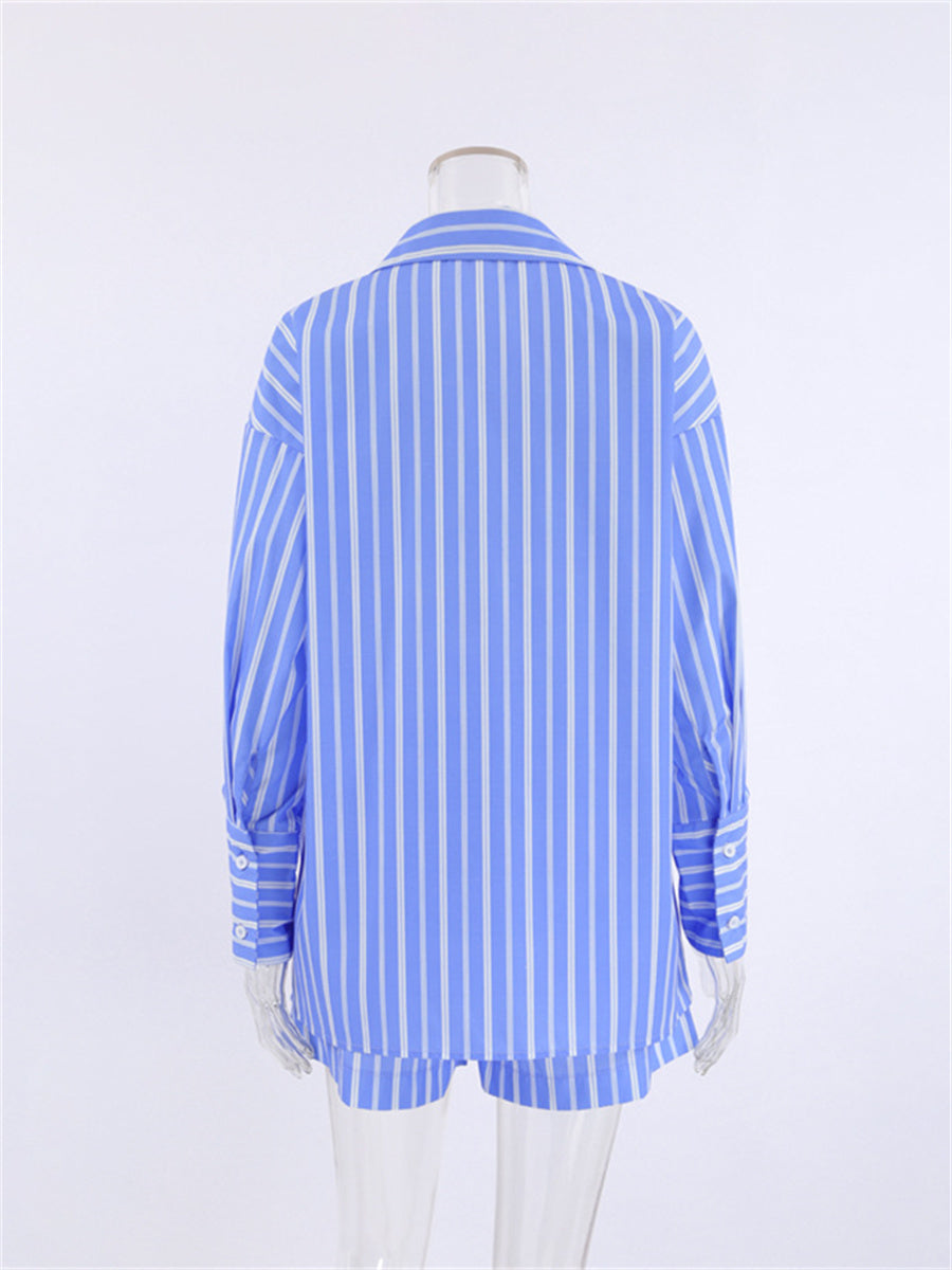Liber summer women's daily casual striped cuff collar long sleeve loose two-piece suit