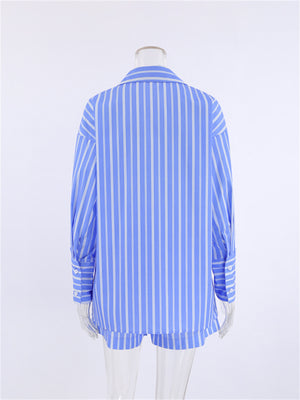Liber summer women's daily casual striped cuff collar long sleeve loose two-piece suit