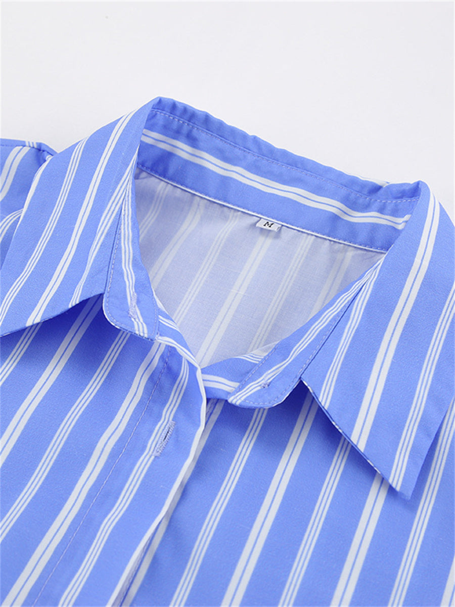 Liber summer women's daily casual striped cuff collar long sleeve loose two-piece suit