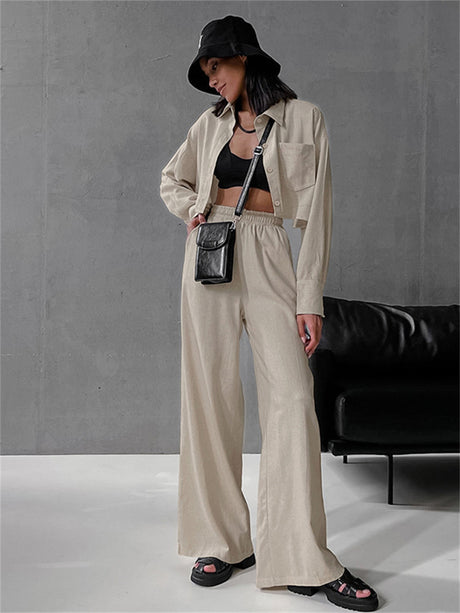 Liber summer women's clothing daily casual solid color turn-up collar long sleeve loose two-piece suit