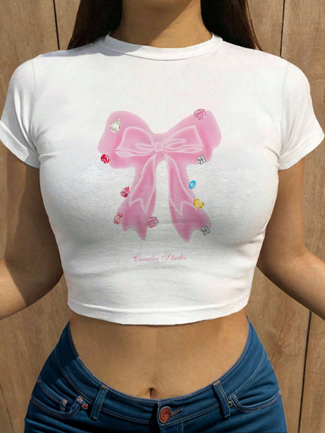 Liber Summer Women's Y2K Hot Girl Print Round Neck Short Sleeve Slim Fit T-Shirt