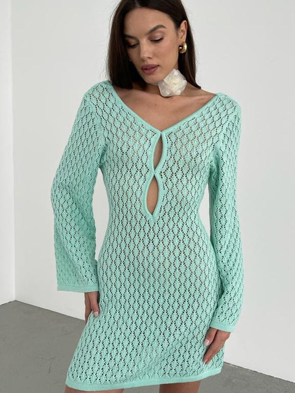Liber Summer Women's Beach Hollow V-Neck Long Sleeve Short Dress