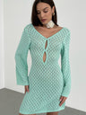 Liber Summer Women's Beach Hollow V-Neck Long Sleeve Short Dress