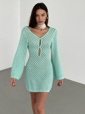 Liber Summer Women's Beach Hollow V-Neck Long Sleeve Short Dress
