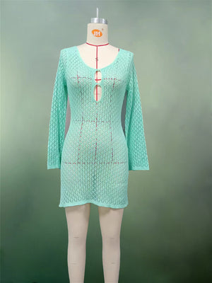 Liber Summer Women's Beach Hollow V-Neck Long Sleeve Short Dress