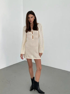 Liber Summer Women's Beach Hollow V-Neck Long Sleeve Short Dress