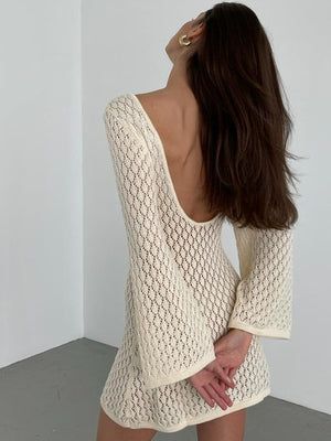 Liber Summer Women's Beach Hollow V-Neck Long Sleeve Short Dress