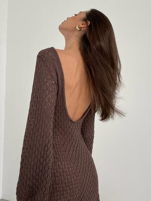 Liber Summer Women's Beach Hollow V-Neck Long Sleeve Short Dress