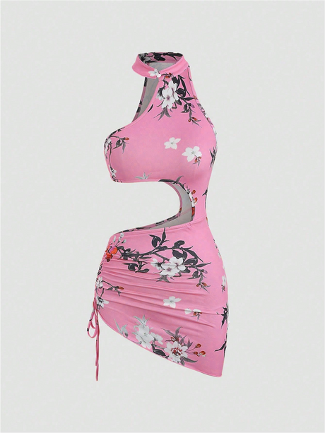 Liber Summer Women's Beach Print, Tie Stand Collar Sleeveless Mini Dress