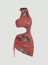 Liber Summer Women's Beach Print, Tie Stand Collar Sleeveless Mini Dress