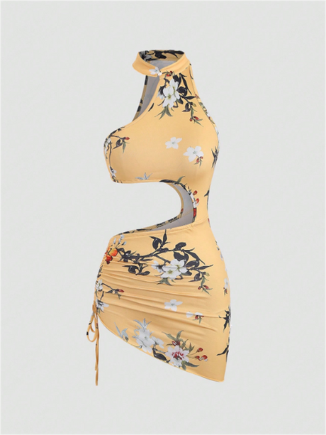 Liber Summer Women's Beach Print, Tie Stand Collar Sleeveless Mini Dress