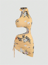 Liber Summer Women's Beach Print, Tie Stand Collar Sleeveless Mini Dress