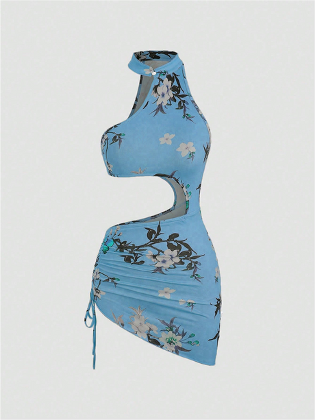 Liber Summer Women's Beach Print, Tie Stand Collar Sleeveless Mini Dress