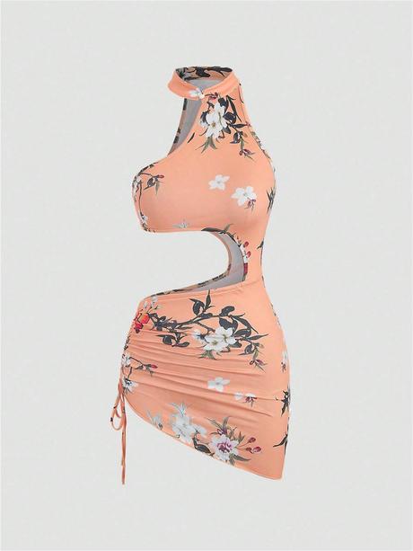 Liber Summer Women's Beach Print, Tie Stand Collar Sleeveless Mini Dress