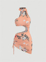 Liber Summer Women's Beach Print, Tie Stand Collar Sleeveless Mini Dress