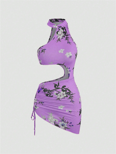 Liber Summer Women's Beach Print, Tie Stand Collar Sleeveless Mini Dress