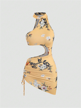 Liber Summer Women's Beach Print, Tie Stand Collar Sleeveless Mini Dress