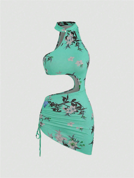 Liber Summer Women's Beach Print, Tie Stand Collar Sleeveless Mini Dress