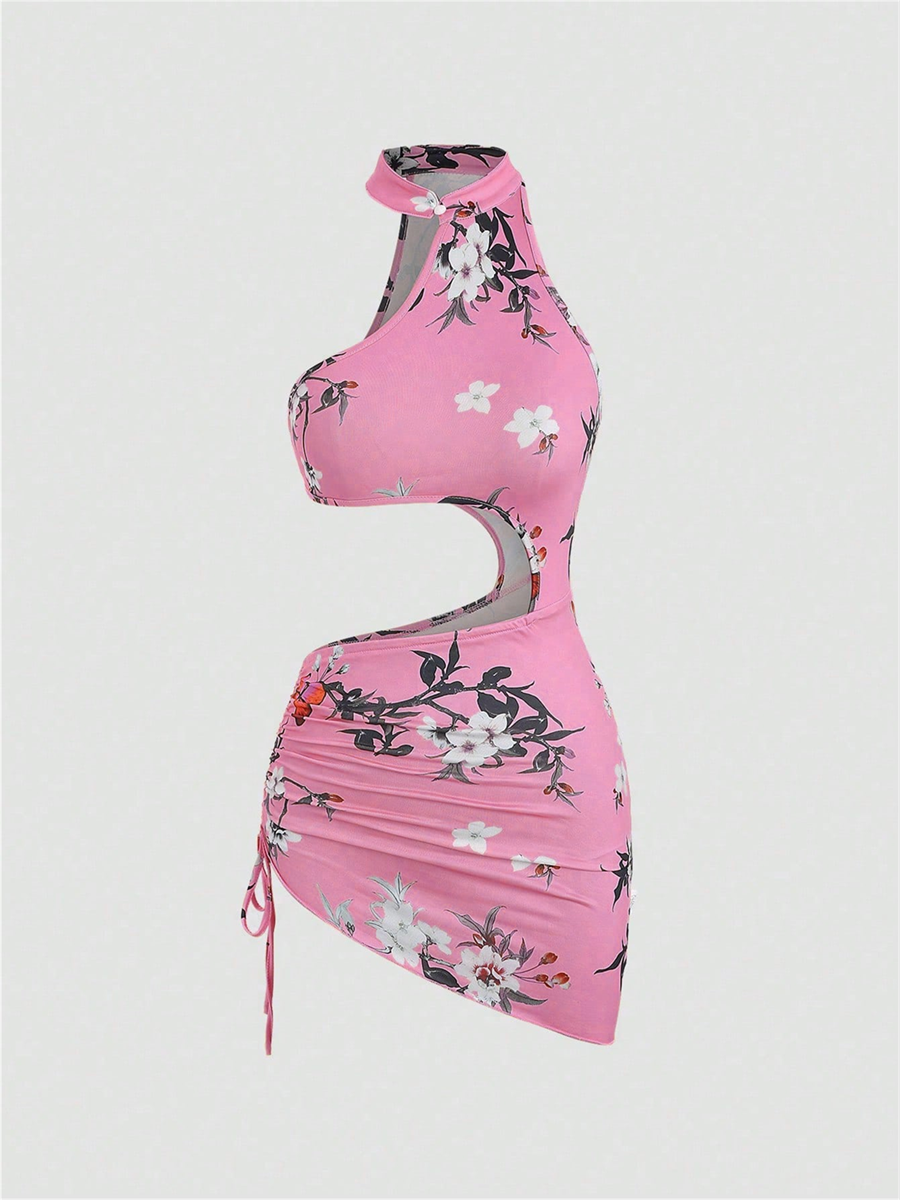 Liber Summer Women's Beach Print, Tie Stand Collar Sleeveless Mini Dress